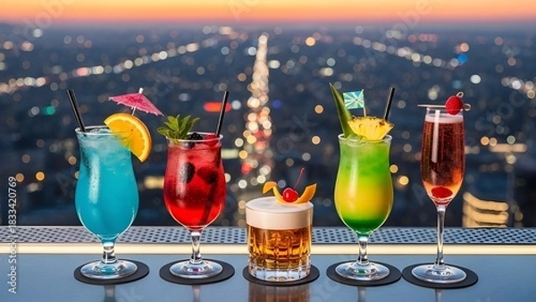 Fototapeta Five vibrant cocktails with various garnishes on a rooftop bar overlooking a sparkling city skyline at dusk.