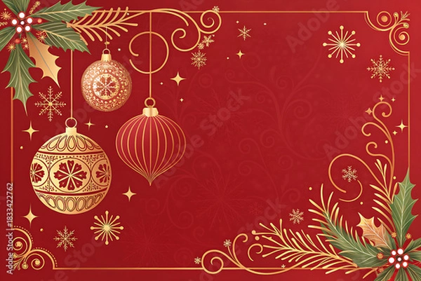 Obraz Festive Christmas Ornaments and Holly on Elegant Red Background for Holiday Greetings and Seasonal Celebrations, Perfect for Cards and Decorations