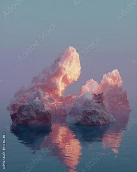 Obraz glowing pink icebergs reflecting on calm water at sunrise surreal landscape