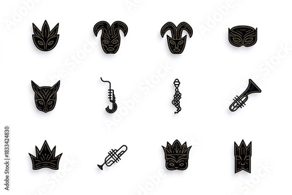 Obraz festive mardi gras icons, simple mardi gras symbol set masks, beads, trumpets, crowns in minimalistic line art style