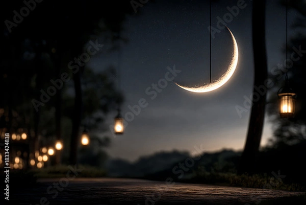 Obraz ramadan decorations, ramadans peaceful mood with softly glowing crescent moon and lanterns under serene night sky