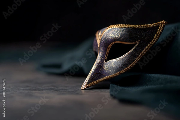 Obraz carnival mask design, close-up of opulent mardi gras mask in gold, purple, and green, with dramatic lighting capturing the carnival vibes