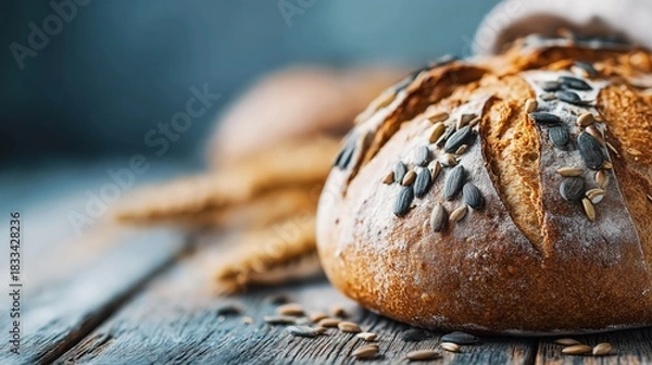 Fototapeta Whole grain bread loaf with seeds on a wooden surface, offering ample copy space