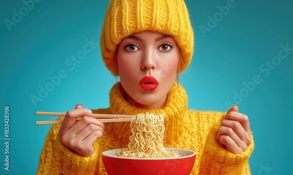 Fototapeta A young woman in a warm yellow sweater enjoys instant noodles while using chopsticks