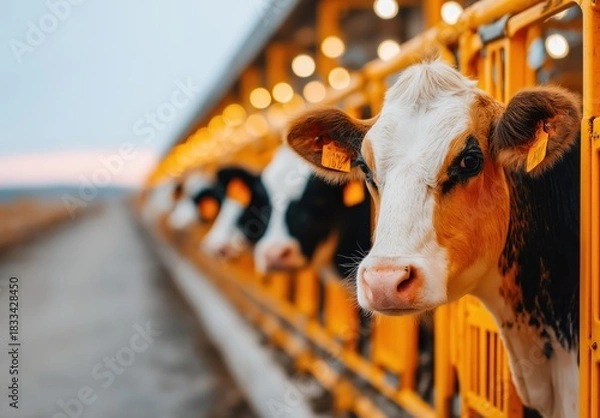 Fototapeta Cattle gaze out from their stalls, highlighting the silence of abandoned farms at dusk