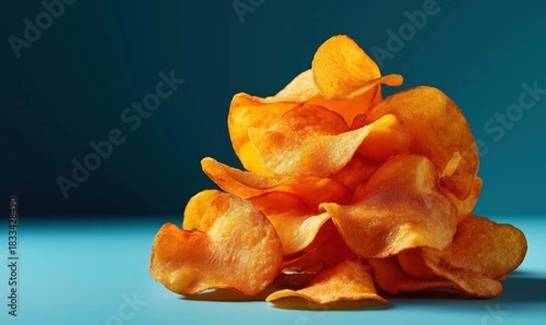 Fototapeta Stack of crispy golden potato chips on a blue backdrop showcases minimalist style
