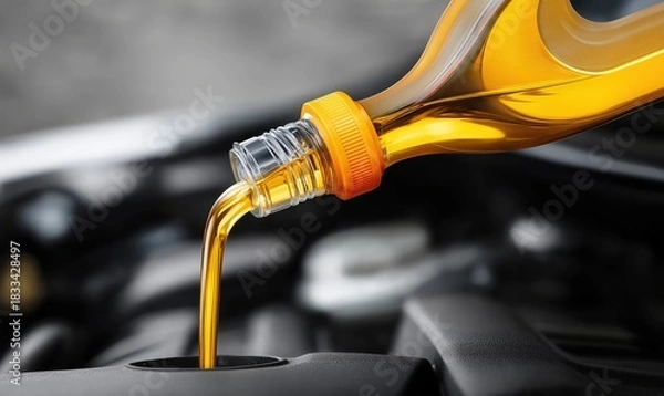 Fototapeta Golden motor oil flows smoothly into a modern engine, showcasing precision and utility