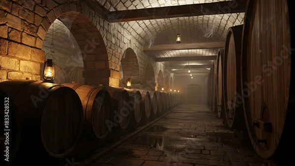 Fototapeta An ancient underground stone wine cellar with rows of aging oak barrels illuminated by warm lantern light