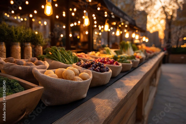 Obraz winter wonderland market, winter produce and gentle string lights decorate street market stalls