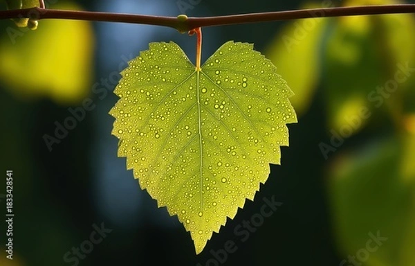 Fototapeta Droplets of morning dew cling to a vibrant green grape leaf, catching the sunlight beautifully