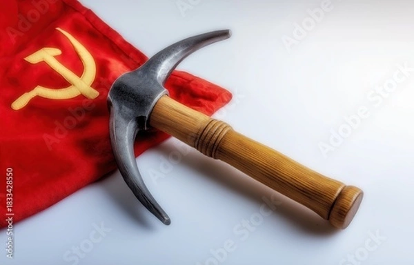 Fototapeta Hammer and sickle on a red flag represent their historical significance and symbolism