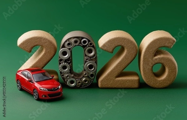 Fototapeta A red toy car beside 2026 adds a festive touch with auto parts