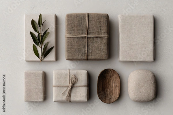 Obraz gift wrapping ideas, gifts displayed in a rustic flatlay, wrapped in natural fibers