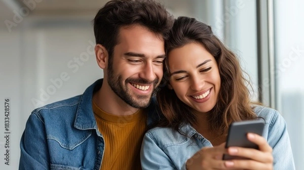 Fototapeta Young couple enjoys quality time using a smartphone, sharing smiles and laughter