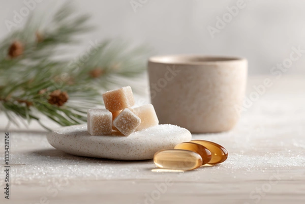 Obraz winter health display, clean health aesthetic with vitamins and supplements neatly arranged on a wooden table for the winter season