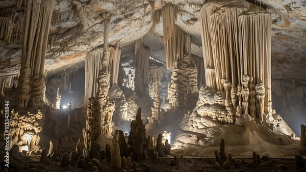 Fototapeta Majestic underground cavern with breathtaking stalactite and stalagmite formations illuminated by soft light