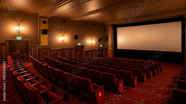 Fototapeta Empty Movie Theater With Red Seats and Large Screen in a Classic Cinema Hall