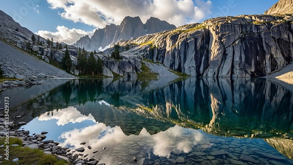 Fototapeta Serene reflection of jagged granite mountains and beautiful clouds on a tranquil alpine lake in the wilderness