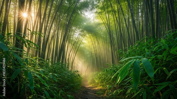 Fototapeta Lush Bamboo Forest Path Serene Nature Walk Sunlight Through the Grove Canopy
