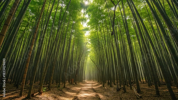 Fototapeta Beautiful Path Through a Serene Bamboo Forest with Sunlight Streaming Through the Trees