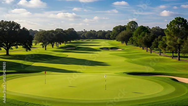 Fototapeta Golf Course Fairway at the End of a Sunny Day with Green Grass and Flag Poles