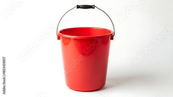 Fototapeta A single, empty, vibrant red plastic bucket with a black handle, isolated on a simple white studio background