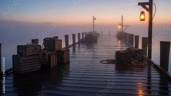 Fototapeta Misty Pier at Dawn A Tranquil Coastal Scene with Wooden Crates and Glowing Lanterns
