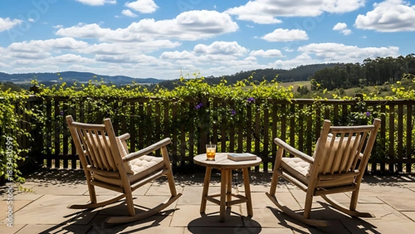 Fototapeta Relaxing Retreat Rocking Chairs on Patio with Scenic Mountain Views and Lush Vineyards