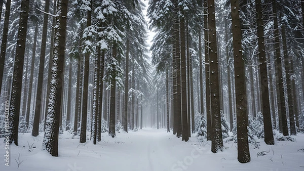 Fototapeta Snowy Forest Path A Winter Wonderland Through Tall Trees in a Serene Nature Scene