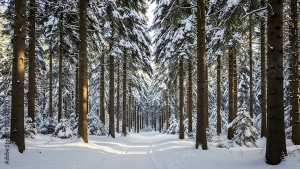 Fototapeta A snowy forest path leads through tall pine trees dusted with fresh snow on a sunny day