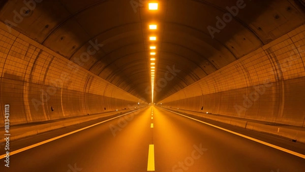 Fototapeta Expansive modern road tunnel illuminated by bright amber lights, creating a path towards an unknown destination