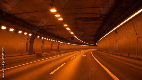 Fototapeta Illuminated Road Tunnel With Curved Lanes and Overhead Lights Guiding Through Darkness