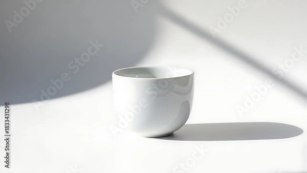 Fototapeta A single white ceramic teacup without a handle casts a long shadow on a bright white surface