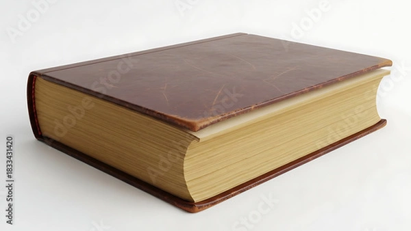 Fototapeta Close-up of an old book, featuring a brown cover and yellowed pages, symbolizing knowledge, history, and wisdom