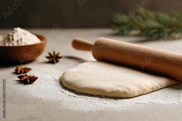 Obraz holiday baking, baking winter cookies at home, rolling dough with festive decorations on table