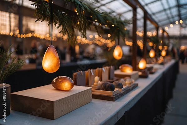 Obraz holiday crafts market, handmade ornaments and glowing garlands sold at winter holiday fairs artisan crafts booth, with shimmering bokeh lights