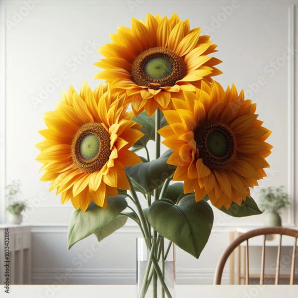 Obraz 透明な花瓶に活けられたひまわりの花束