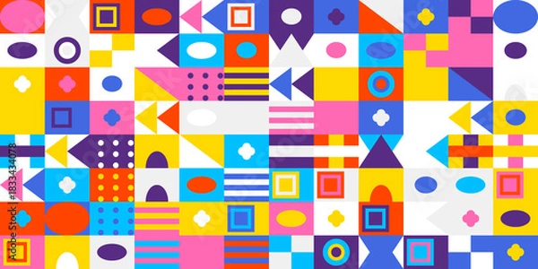 Fototapeta Vibrant abstract geometric pattern background featuring diverse shapes, squares, circles, triangles, and bright colors for modern design and creative projects.