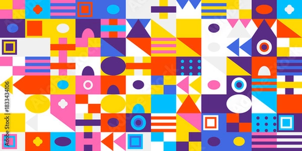 Fototapeta Colorful geometric abstract pattern background featuring a vibrant mosaic of various shapes and colors arranged in a modern grid design for art.