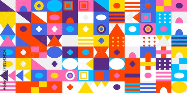 Fototapeta Colorful geometric abstract pattern background featuring a vibrant mosaic of various shapes and colors arranged in a modern grid design for art.