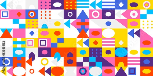 Fototapeta Colorful geometric abstract pattern background featuring a vibrant mosaic of various shapes and colors arranged in a modern grid design for art.