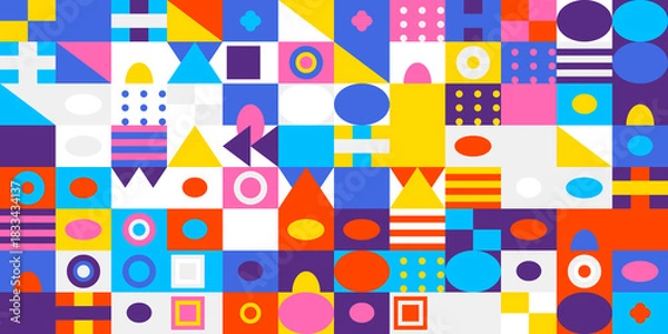 Fototapeta Colorful geometric abstract pattern background featuring a vibrant mosaic of various shapes and colors arranged in a modern grid design for art.