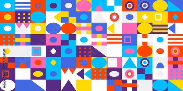 Fototapeta Colorful geometric abstract pattern background featuring a vibrant mosaic of various shapes and colors arranged in a modern grid design for art.