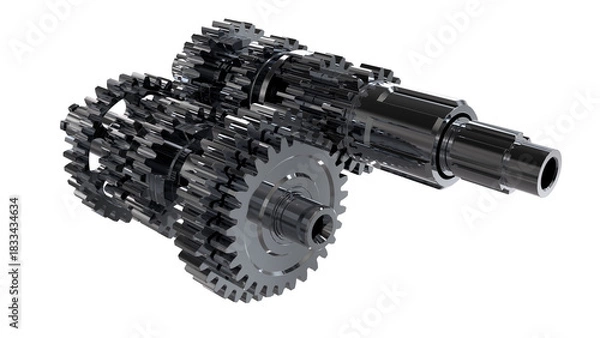 Fototapeta Compact assembly of interlocking dark gears in multi-stage configuration. Dense mechanical layout emphasizes torque modulation, transmission logic, and industrial engineering precision.
