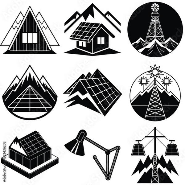Fototapeta A frame mountain hut with seamless black solar panel border design