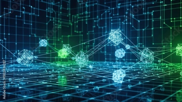 Obraz Algorithmic wireframe cyber security data points network elements display lines matrix backdrop