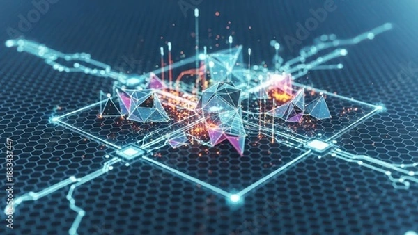 Obraz Autonomous polygon mesh digital transformation hexagonal grid data points template lines display