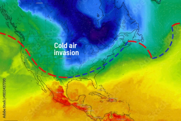 Obraz Record low temperature map invasion diagram, against the backdrop of the continent of North America. Frosty cold weather concept