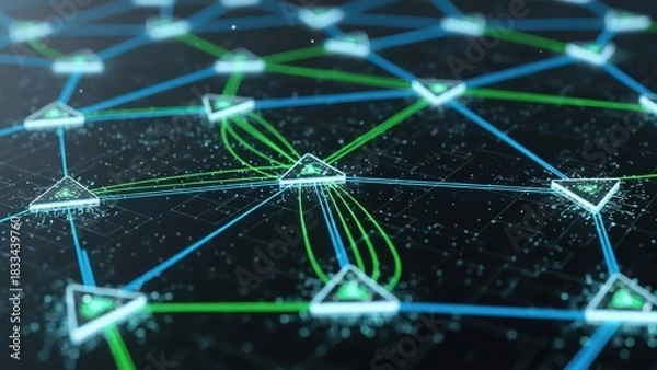 Obraz Advanced triangulated data flow cyber grid schematic surface wallpaper connections diagram