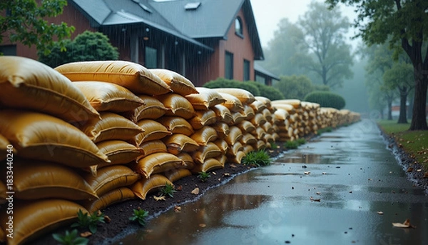 Obraz Sandbags lined up on rainy street
